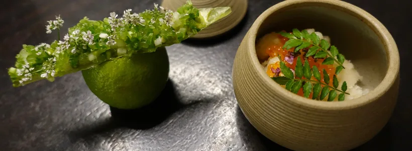 A course at Alinea photographed in April 2018, with a ceramic bowl and herbs