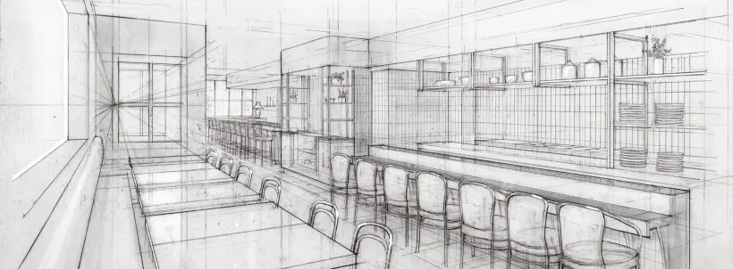 Architectural drawing of Kasama's dining room and open kitchen
